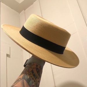 BOATER HAT - NATURAL WITH BLACK RIBBON DETAIL